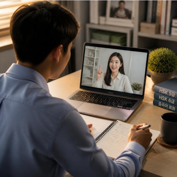 중국어 화상수업 — HSK 교재를 옆에 두고 노트북으로 중국어 회화 수업을 듣는 모습